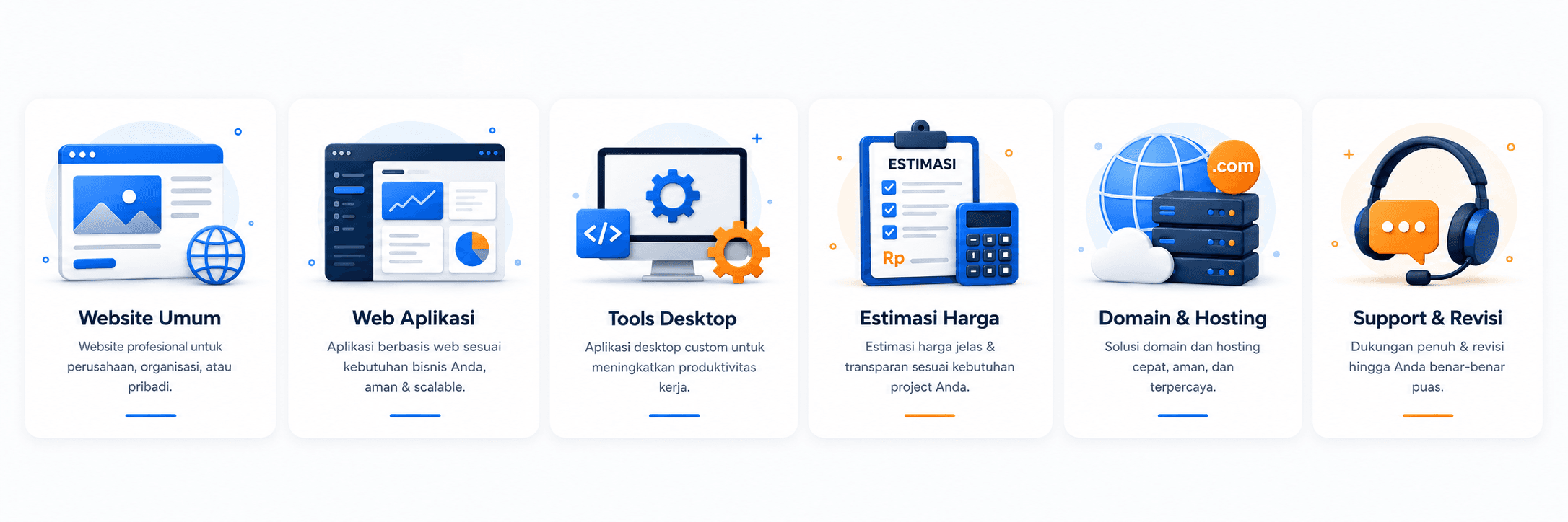 Layanan Kaemnur: website, web aplikasi, tools desktop, estimasi harga, domain & hosting, support